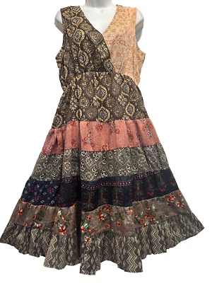 SACRED THREADS patch  bohemian funky hippy rayon twill tier DRESS L Free shippin - Image 1 of 4