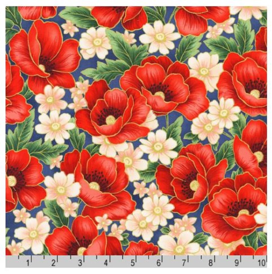 Poppy Hill: Poppy Bouquet on Blue- Robert Kaufman Sold by the Yard - Image 1 of 1