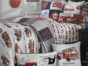 Boy Zone Kids White Red Fire Truck Plaid 4pc REVERSIBLE Quilt Sheet Set - Twin - Picture 1 of 12