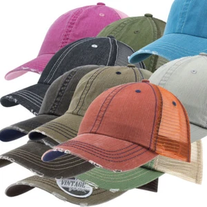 NEW Distressed Herringbone Cotton Low Profile Soft Mesh Baseball Cap Trucker - Picture 1 of 84
