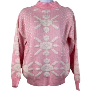 Vintage Medium/Large Damenpullover mit Stehkragen pastellrosa Blumen Fee Kei Kawaii - Bild 1 von 6