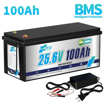 HRBEENERGY 24V 100Ah LiFePO4 Lithium Battery 100A BMS Deep Cycles for Marine Home RV Motor