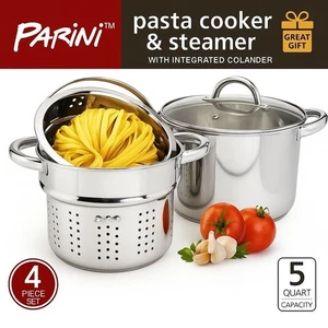 Parini 4pc Pasta Cooker Steamer Set 5 Qt Stockpot Colander Lid Stainless Steel - Picture 1 of 8