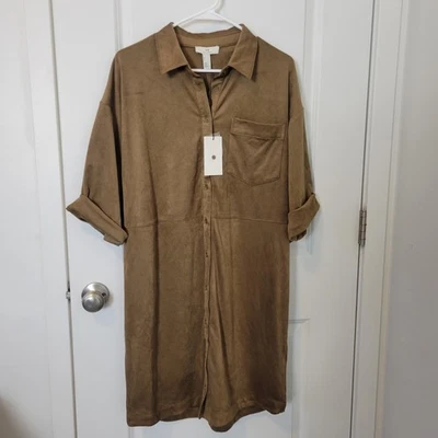 Vestido Camisa Halston Med Botón Delantero Manga Redonda Cepillado (Gamuza) Medio SIN CINTURÓN Foto 1 de 4