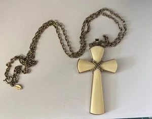 Cream Yellow AVON Cross 2.5” Tall Pendant On 24” Antique Gold Tone Chain - Picture 1 of 5