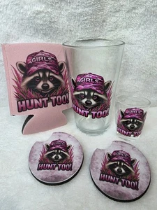 Girls Hunt Too Pink Camo Cute Raccoon 16oz Pint Glass, shot glass, can coolers - Picture 1 of 5