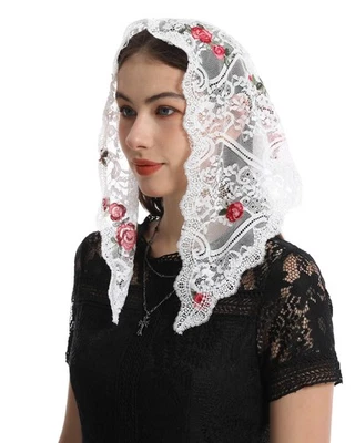 Velos católicos de mujer con clip: capilla mantilla de encaje bordado floral rosa... Foto 1 de 4