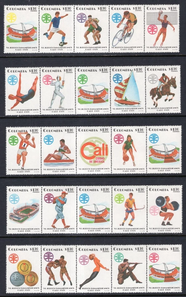 Colombia 1971 Exficali Sports Set in 5 Strips of 5 MNH - Image 1 of 1