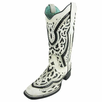 Bota de Vaquera Corral Para Mujer Blanca Negra Incrustación Lentejuelas Tachuelas Blanca Rústica E1511 Nueva con Etiquetas Foto 1 de 4