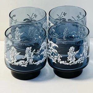 Libbey Mary Gregory Blue Short Rocks Juice Tumblers Drinking Glasses Set of Four - Picture 1 of 11