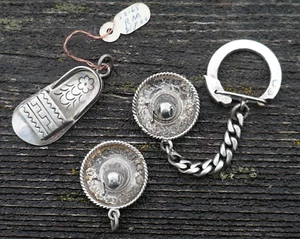 Vintage Mexico Sterling Silver Sombrero & Sandal Charms & Key Chain - #1 - Picture 1 of 9