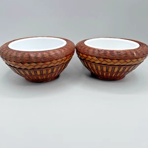VTG Enamel Ramekins + Faux Wicker Holders | Tiki Bar MCM Hostess - Set of 4 - Picture 1 of 9