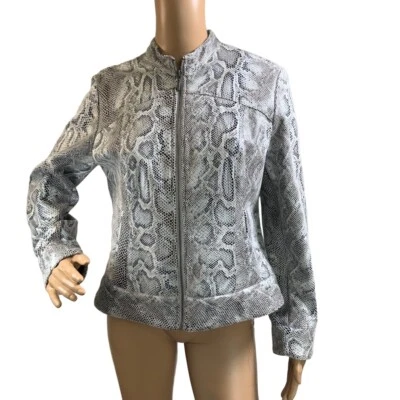 Ruby Rd Grey Snake Skin Print Stand Collar Long Sleeve Motocore Jacket 10 Preppy - Image 1 of 4