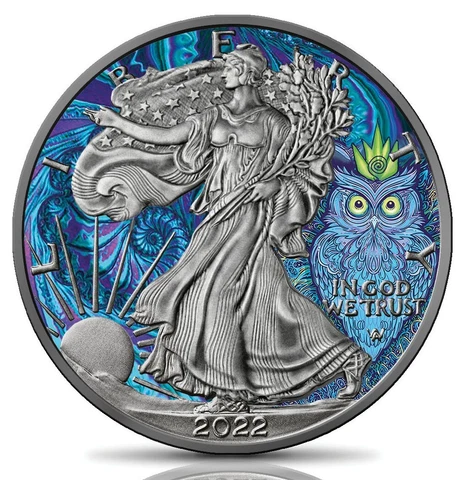1 oz Silver American Eagle Spirit Animals - The Owl - Colorized & Antique finish Cover