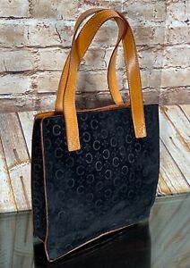 CELINE Handbag Black/Tan Suede Leather Purse Monogram Debossed Felt Front MC00/1