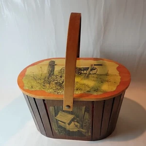 Vintage Wooden BASKET PURSE Painted Lined Hinged with Handle - Picture 1 of 13