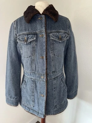 Vintage 90s Marvin Richards Small Faux Fur Button Up Jean Jacket Denim Coat - Image 1 of 4