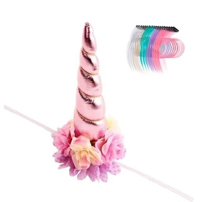 8"x5" Long Floral Unicorn Horn Headband + 18 PCS Pony Mane Hair Tinsel for Pink - Image 1 of 4