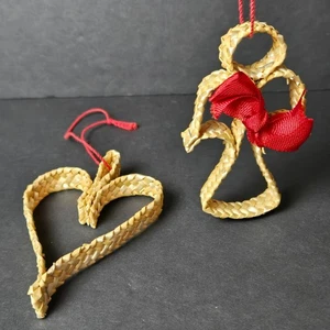 Scandinavian Straw Heart Angel Ornaments Braided Wheat 4" Christmas Pair - Picture 1 of 7
