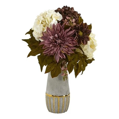 Nearly Natural 17" Peony Hydrangea & Dahlia in Stoneware Vase w/ Gold Trimmi - Image 1 of 3