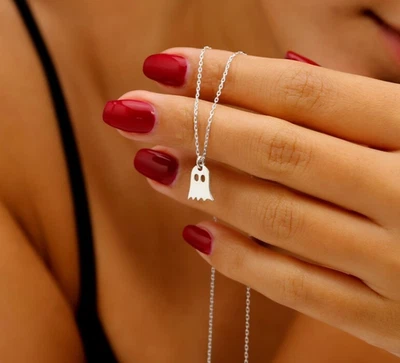 Collar Fantasma Oro Blanco 14K con Cadena S925, Joyería Minimalista Halloween Regalo Foto 1 de 4