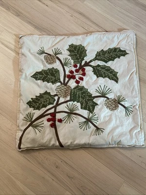 Pottery Barn Embroidered Holiday Holly Throw Pillow Cover, 20", Cotton - Image 1 of 4