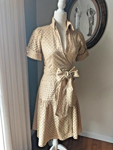 Diane von Furstenburg Bellette hellbraun Baumwolle Ösen Spitze Midi Wickelkleid Größe 4 - Bild 1 von 8