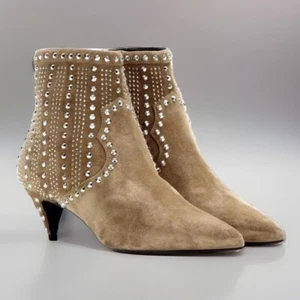 SAINT LAURENT⚡️"Cat 50" tan suede studded kitten heel ankle zip  booties 37/7US - Picture 1 of 10
