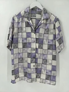 Vintage  90s Blouse Womens Large Purple White Button Up Check Print Retro Casual - Picture 1 of 13