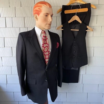 Traje elegante vintage años 80 JCPenney gris oscuro 100 % lana a rayas 3 piezas para hombre talla 37 Foto 1 de 4