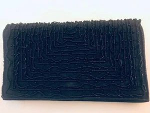 Vintage Black Beaded WALBORG CLUTCH HAND BAG Made in Japan By Hand Formal Purse - Picture 1 of 12
