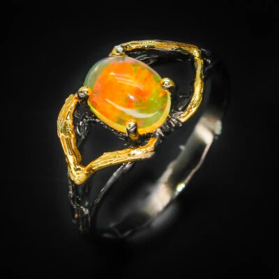 Anillo de plata ópalo natural hecho a mano de colección 925 chapado en 2 tonos / RVS268 Foto 1 de 4