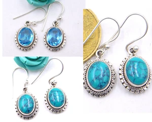 925 Sterling Silver Created Blue Topaz & Turquoise Stone Earring Woman's Gift - Picture 1 of 8
