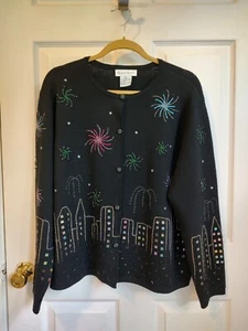 Vintage Robert Scott Damen XL Strickjacke Pullover schwarz Merinowolle Perlen - Bild 1 von 9