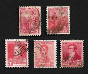 Lot of 5 Republic Argentina 5c Five Centavos Stamps Red Hinged - Picture 1 of 2