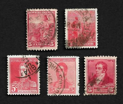 Lot of 5 Republic Argentina 5c Five Centavos Stamps Red Hinged - Image 1 of 2