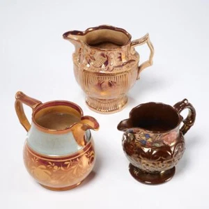 Antik 18. Jahrhundert Kupfer Bronze Glanz Keramik Sirup Milchkännchen Krug Kanne Lot - Bild 1 von 11