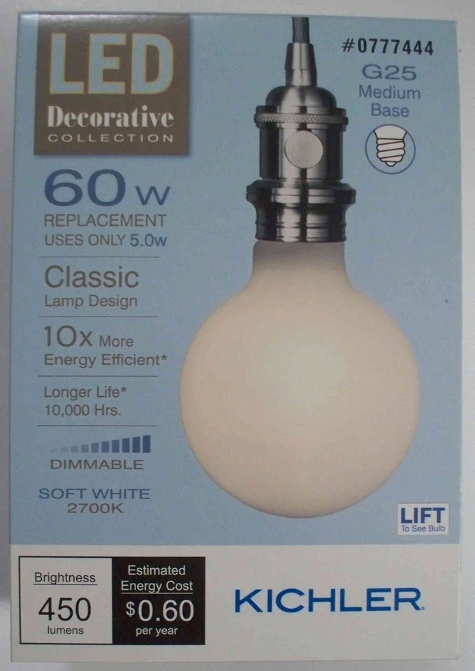 Kichler LED 60W/5W G25 Medium Filament-Soft White 2700K-Dimmable-513944-Save 2+ - Image 1 of 1