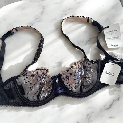 Sujetador Joyau Eternel de media copa para mujer Aubade Paris nuevo con etiquetas, negro y azul real 32 B Foto 1 de 4