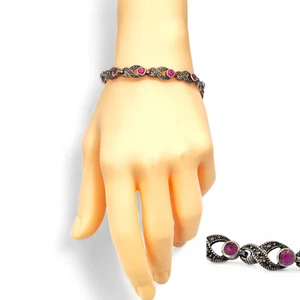 Vintage Ruby Marcasite Bracelet 925 Sterling Silver Art Deco 7.5" - Picture 1 of 9