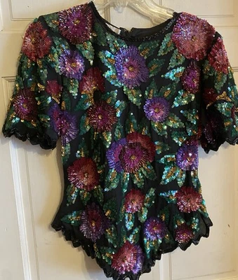 Top vintage Lawrence Kazar con cuentas/lentejuelas para mujer ~M~100 % seda~elegante floral~EXCELENTE Foto 1 de 4