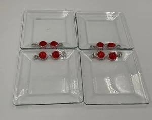 Set Of 4 Square Appetizer Plates Adorned With 2 Glass Gems &Silver Colored Wire - Picture 1 of 11