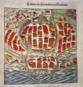 CAGLIARI CERDEÑA 1578 SEBASTIAN MUNSTER INUSUAL ANTIGUO GRABADO VISTA - Imagen 1 de 4