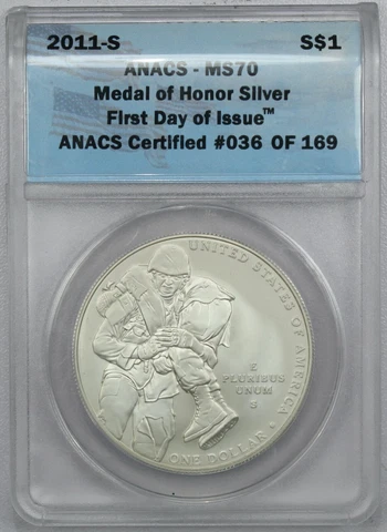 2011-S Medal of Honor Commemorative Silver Dollar, ANACS MS70, Uncirculated FDOI Cover