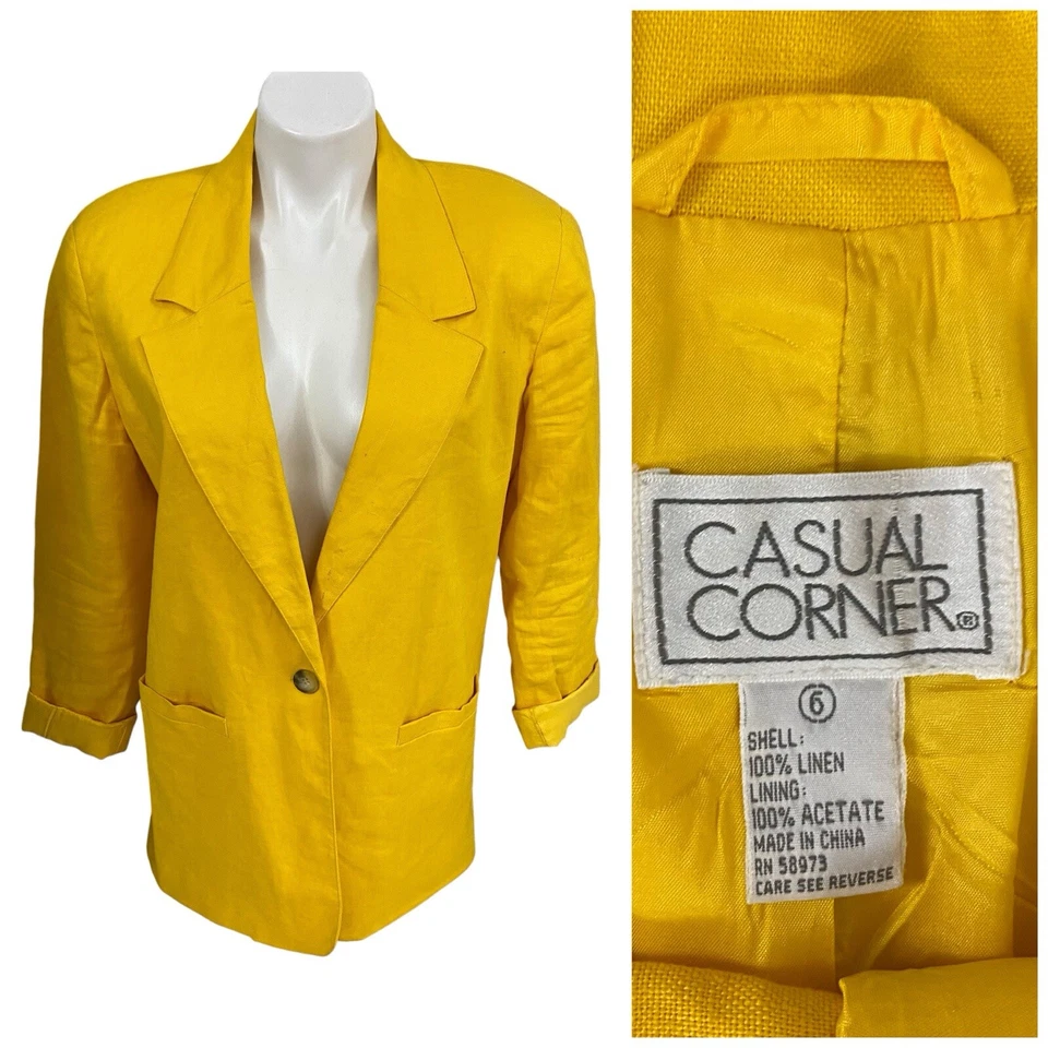 Blazer Esquinero Informal Mujer 6 Amarillo Lino Chaqueta Trabajo Básico Oficina Cápsula Foto 1 de 4