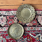 2 Antique Indian Hammered Handmade Brass Gold Dish Plates Plate Plant Stand
