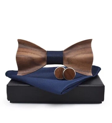 Pajarita clásica retro de madera + gemelos + juego de bufanda cuadrada para hombre azul marino Foto 1 de 4