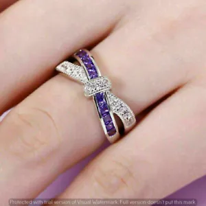 2.5Ct Princess Cut Amethyst Diamond Crossover Engagement Ring14K White Gold Over - Picture 1 of 10