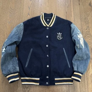 Diesel Wool Varsity Jacket J-petro Distressed Denim Sleeves Size Large - Picture 1 of 9