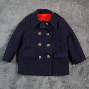 Boys Toddler Vintage Wool Pea Coat Navy Red Sherpa Type lining Gold EagleButtons - Picture 1 of 8